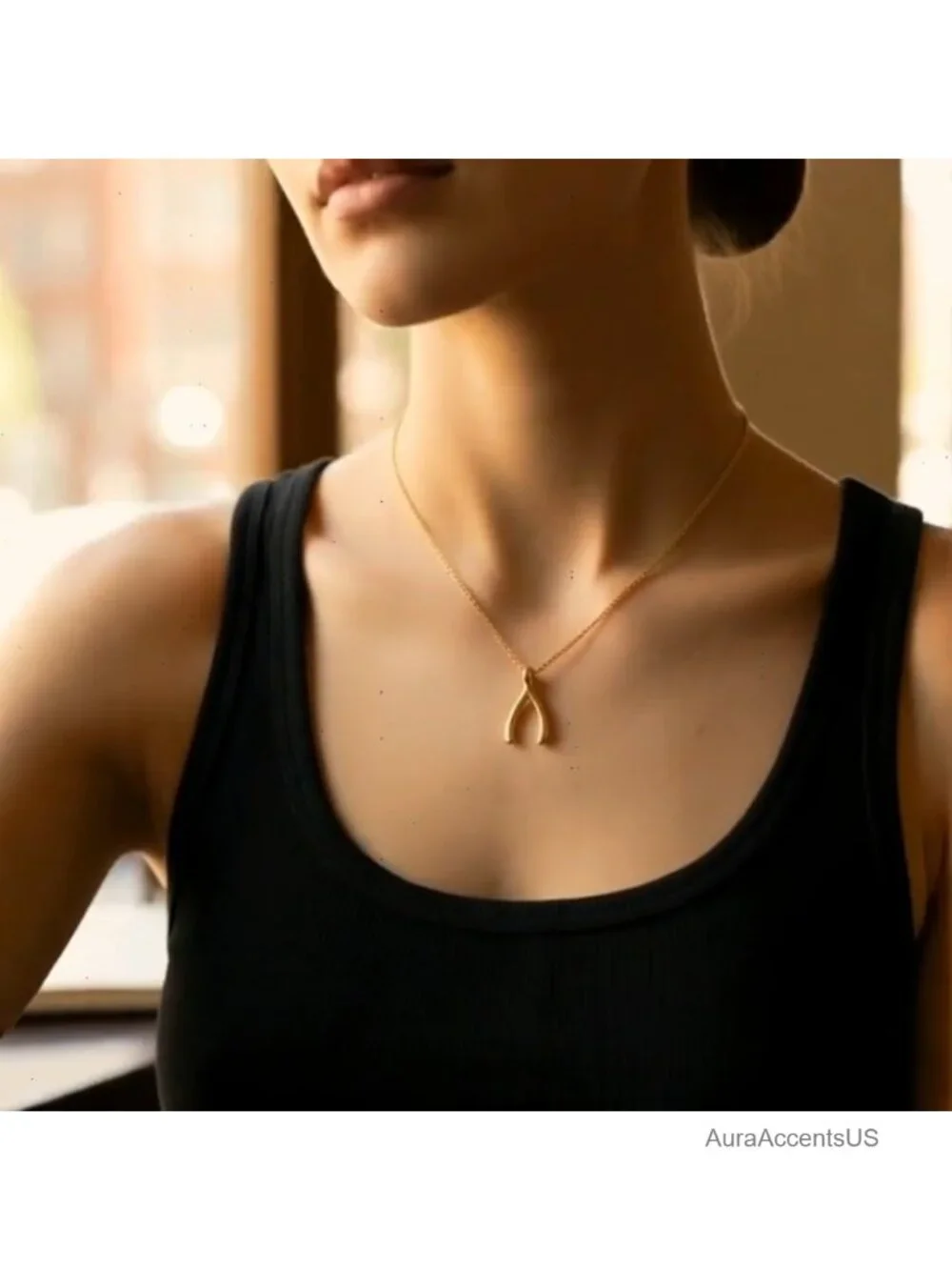 14K Gold Plated Wishbone Pendant Necklace Dainty Cable Chain